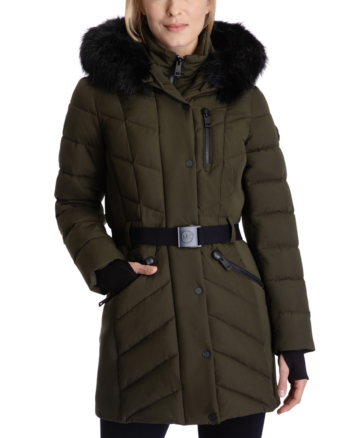 Michael Kors Michael  Women's Belted Faux-fur-trim Hooded Puffer Coat In Olive