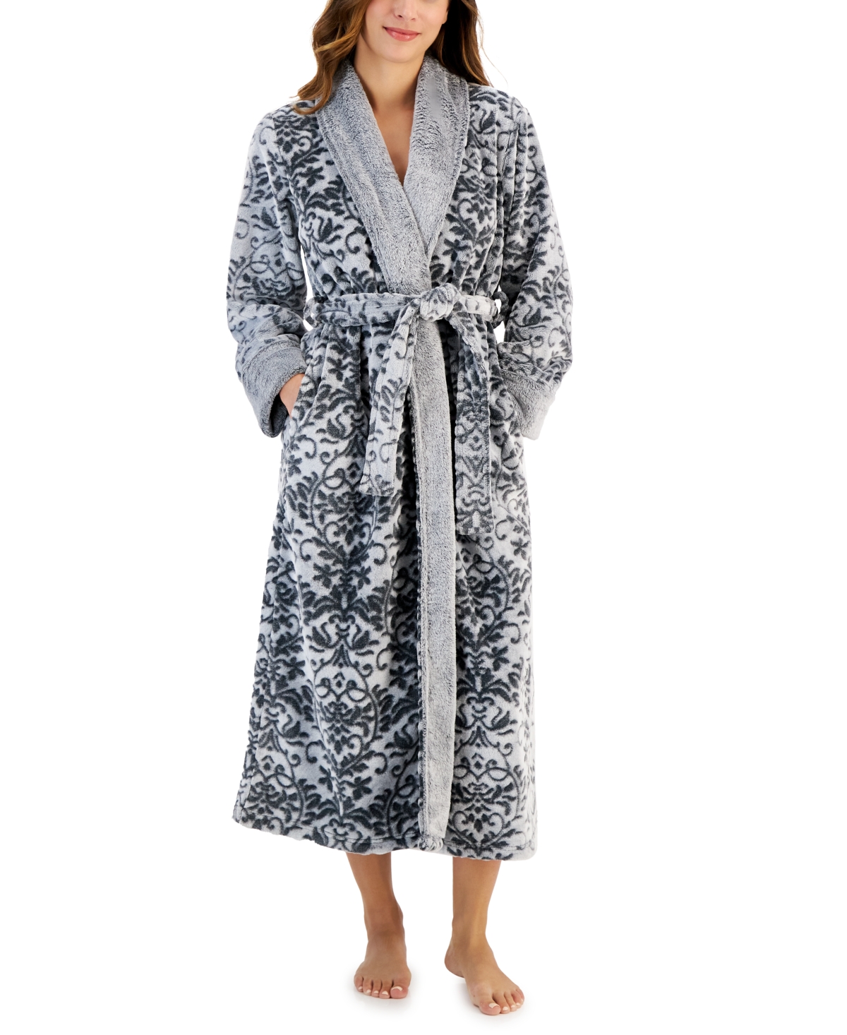 Charter Club Women's Plush Long Floral Scroll Wrap Robe, Created For Macy's In Dark Gray Floral Scroll