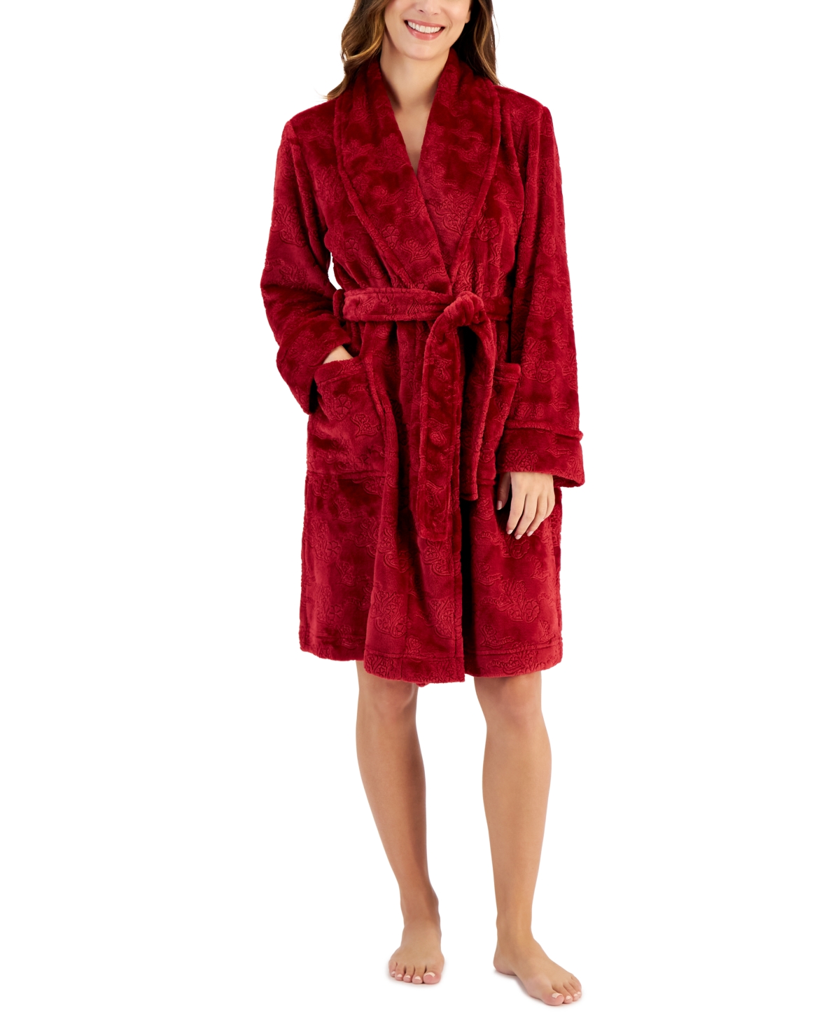 Charter Club Women's Short Plush Floral Wrap Robe, Created for Macy's