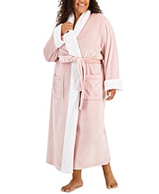 Plus Size Plush Faux-Fur Trim Long Wrap Robe, Created for Macy's