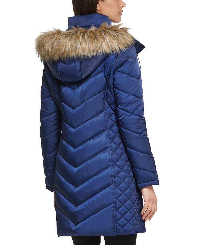 3494 Black Faux Fur Hooded Puffer Coat 