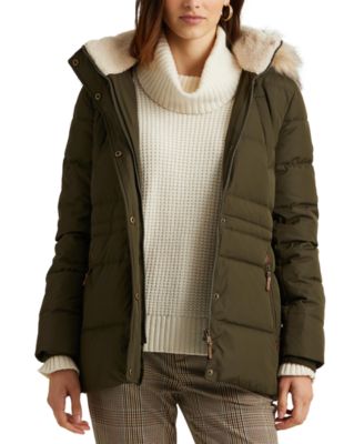 Faux-Fur-Trim Hooded Down Puffer Coat 