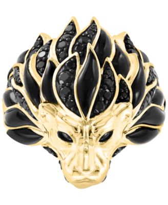 EFFY&reg; Men's Black Spinel & Enamel Lion Ring in 14k Gold-Plated Sterling Silver