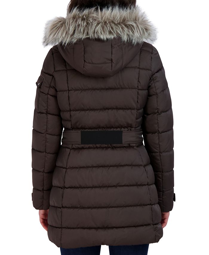 Nautica Women's Belted Hooded FauxFurTrim Puffer Coat Macy's