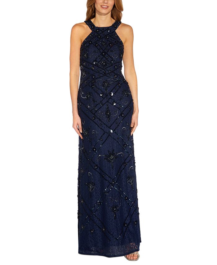 Adrianna Papell Halter Beaded-Lace Gown & Reviews - Dresses - Women ...