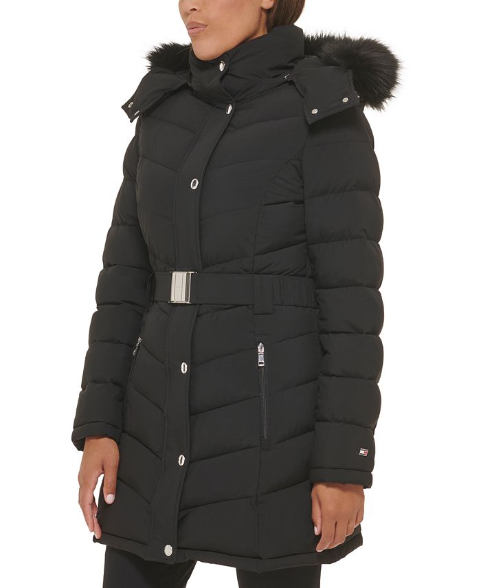 Tommy Hilfiger Women's Belted FauxFurTrim Hooded Puffer Coat, Created