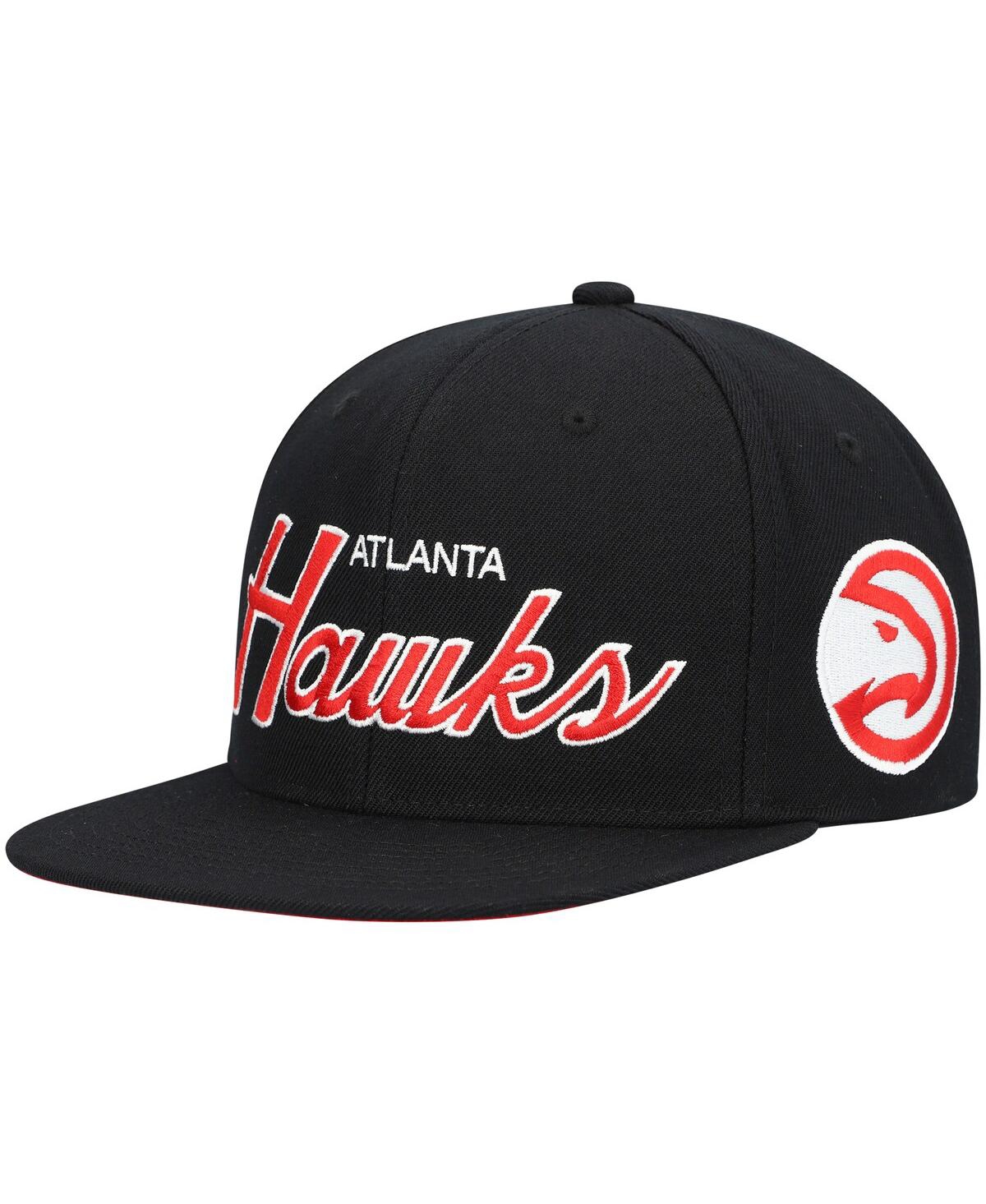 Mitchell & Ness Men's  Black Atlanta Hawks Hardwood Classics Script 2.0 Snapback Hat