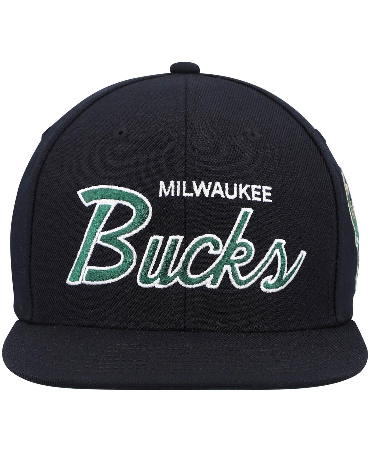 Mitchell & Ness Men's  Black Milwaukee Bucks Hardwood Classics Script 2.0 Snapback Hat In Black