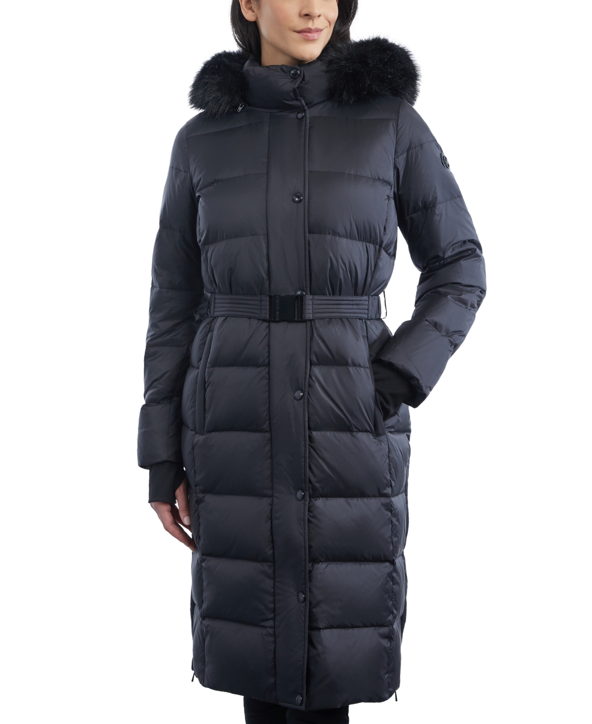 Michael Kors Michael  Women's Shine Belted Faux-fur-trim Hooded Puffer Coat In Black