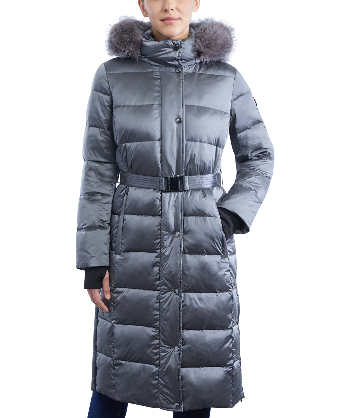Michael Kors Michael  Women's Shine Belted Faux-fur-trim Hooded Puffer Coat In Malachite