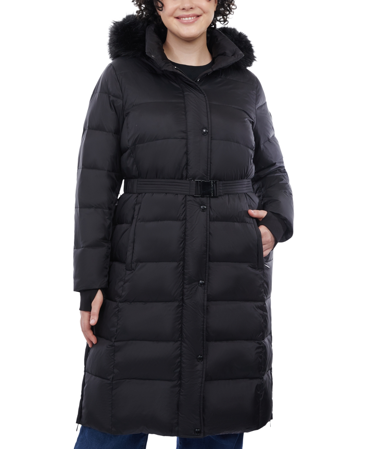 Shop Michael Kors Michael  Women's Plus Size Shine Belted Faux-fur-trim Hooded Puffer Coat In Black