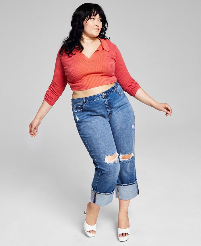 And Now This Trendy Plus Size Cotton Ripped Wide-Leg Jeans - Macy's