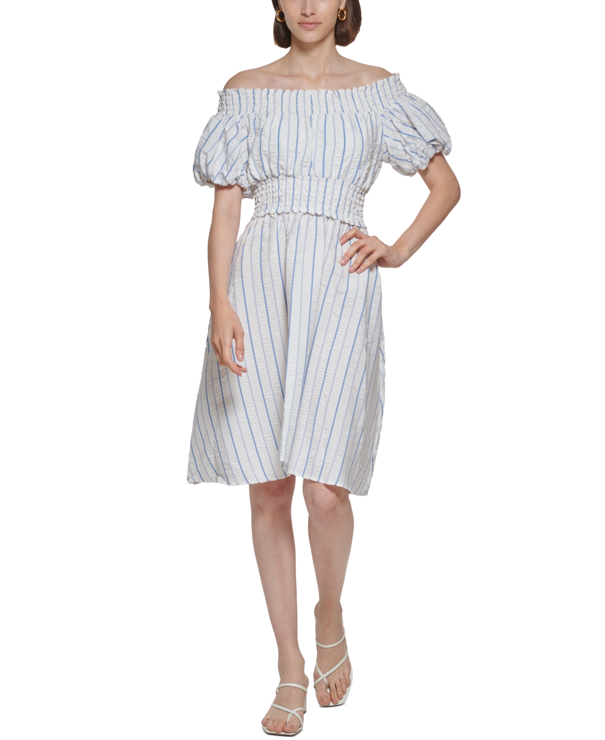 Calvin Klein Striped Off the shoulder Dress In White Blue Stripe