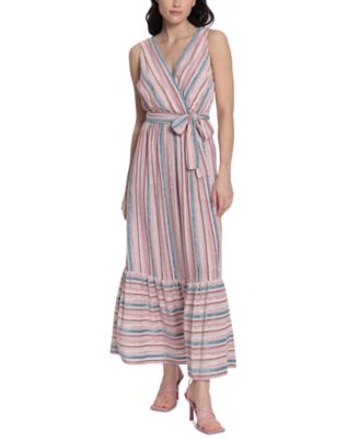 Donna Morgan - Women's Striped V-Back Tiered Midi Dress