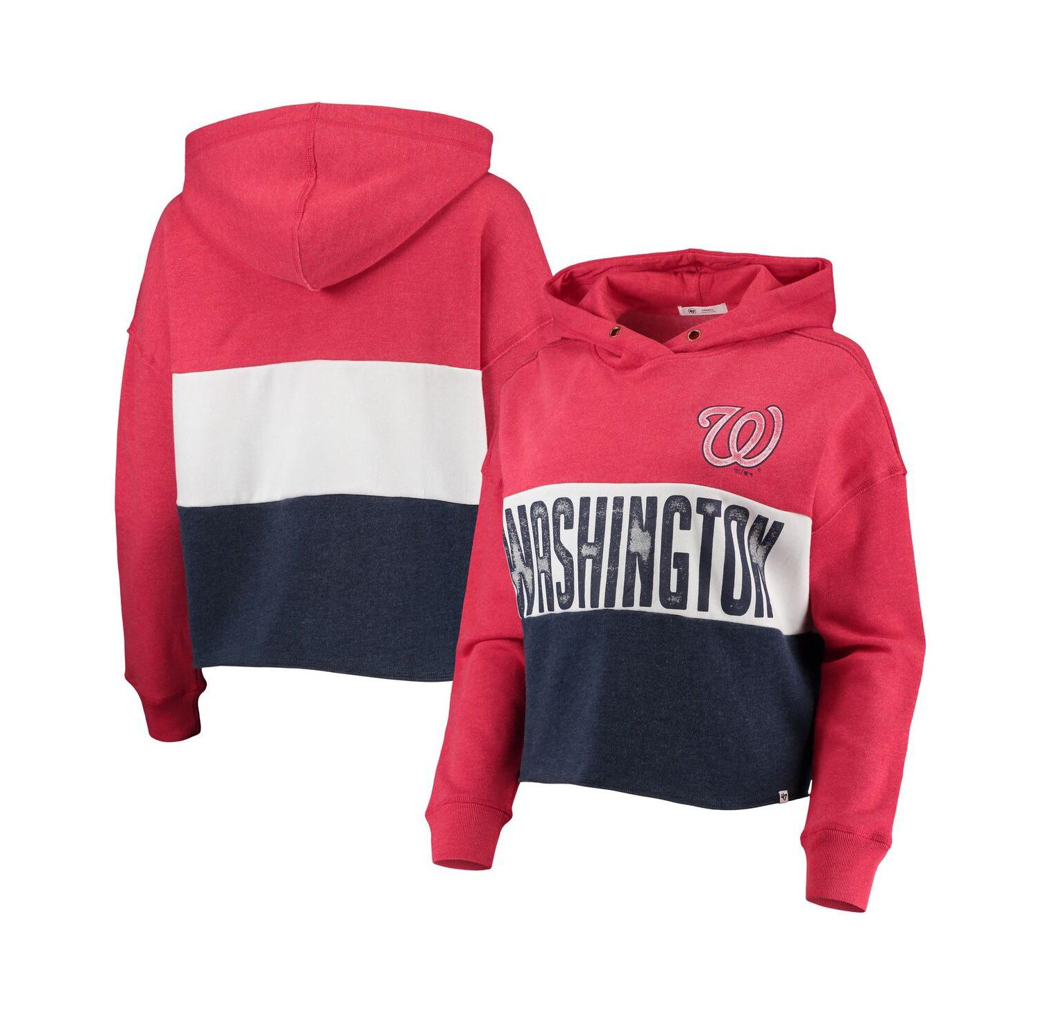 Women's '47 Heathered Red and Heathered Navy Washington Nationals Lizzy Cropped Pullover Hoodie