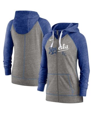 Women's Heathered Charcoal and Heathered Royal Kansas City Royals Split Wordmark Gym Vintage-Like Raglan Slub Full-Zip Hoodie