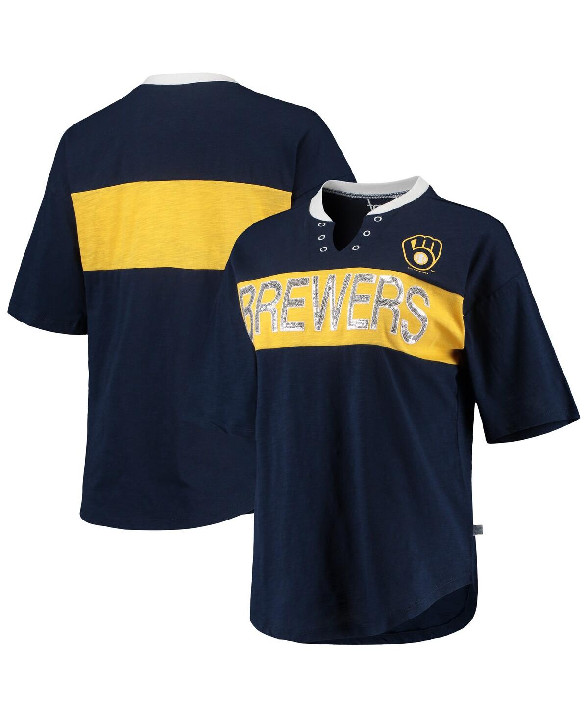 Women's Touch Navy and Gold Milwaukee Brewers Lead Off Notch Neck T-shirt - Navy, Gold