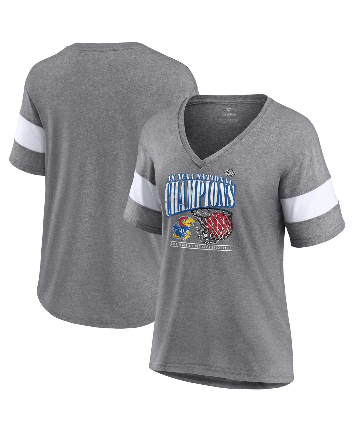Women's FanaticsKansas Jayhawks 2022 Ncaa Men's Basketball National Champions Press Vintage-Like V-Neck T-shirt - Heathered Gray