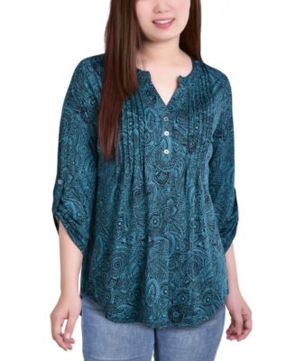 Petite Knit Jacquard 3/4 Sleeve Roll Tab Pintuck Top