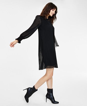 DKNY Petite Tie-Neck Smocked-Cuff Long-Sleeve Dress - Macy's