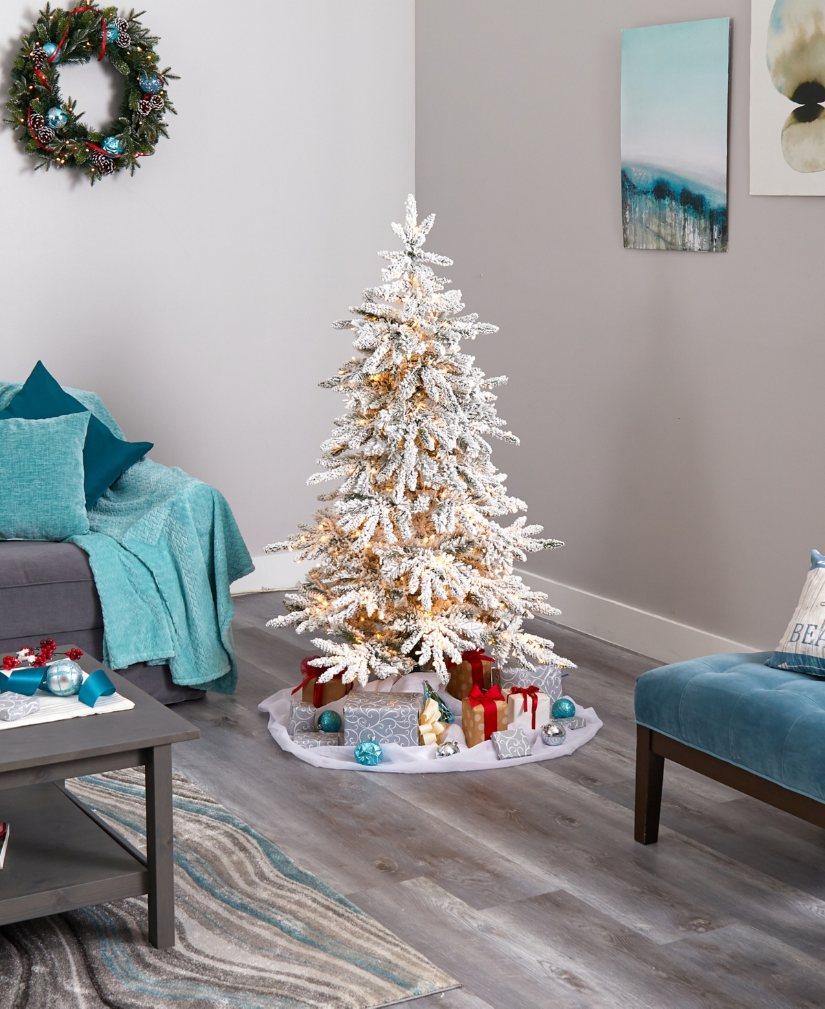 Flocked Colorado Mountain Fir Artificial Christmas Tree with Lights with and Bendable Branches,