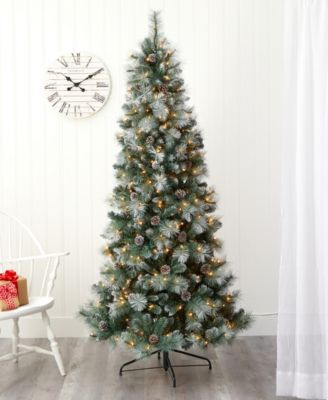Frosted Tip British Columbia Mountain Pine Artificial Christmas Tree with Lights, Pinecones and Bendable Branches, 84"