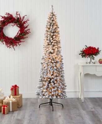 Flocked Pencil Artificial Christmas Tree with Lights and Bendable Branches, 84"