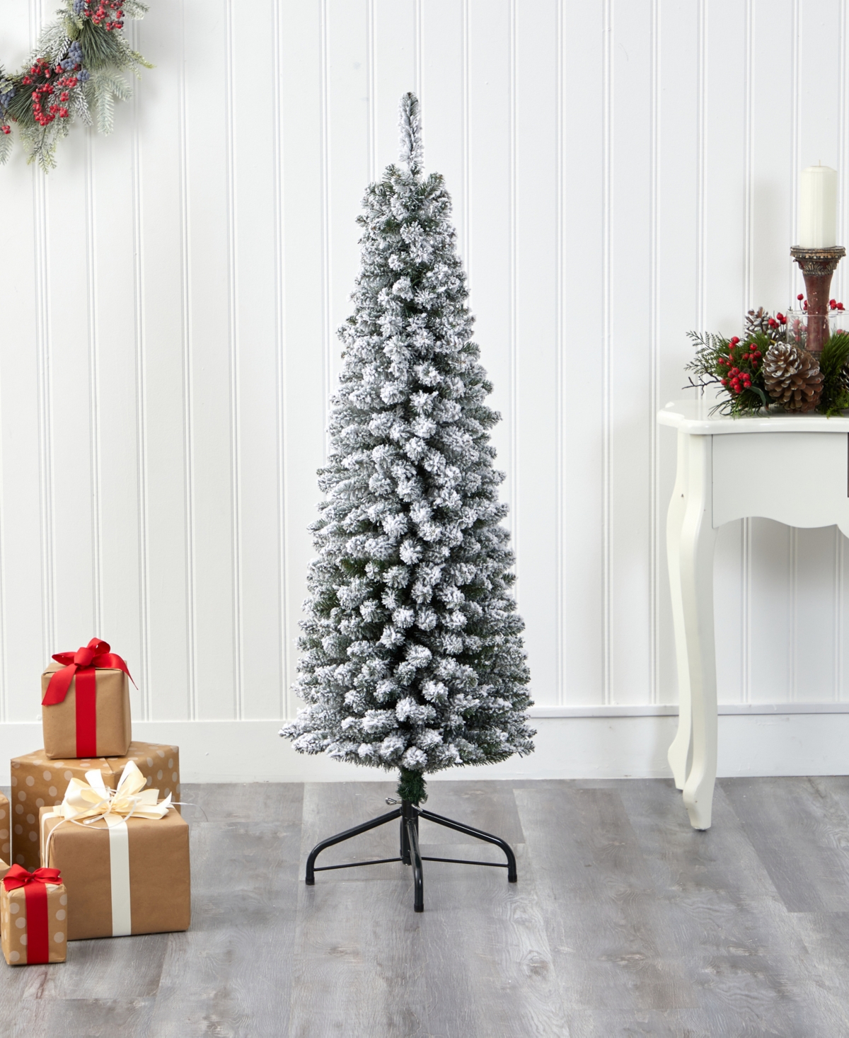 Nearly Natural Flocked Pencil Artificial Christmas Tree With Bendable Branches, 60" In White,green