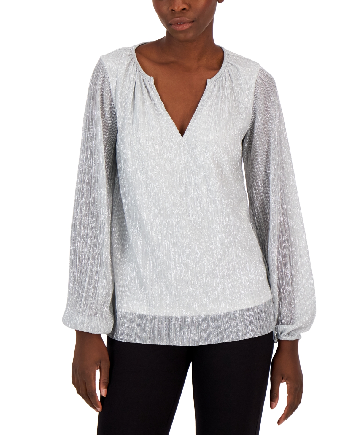 Alfani Women's Pleated Long-Sleeve Shimmer Top, Created for Macy's
