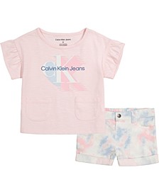 Toddler Girls Pocket T-shirt and Printed Denim Shorts, 2-Piece Set