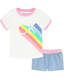 Little Girls Rainbow T-shirt and Logo-Waist Denim Shorts, 2-Piece Set