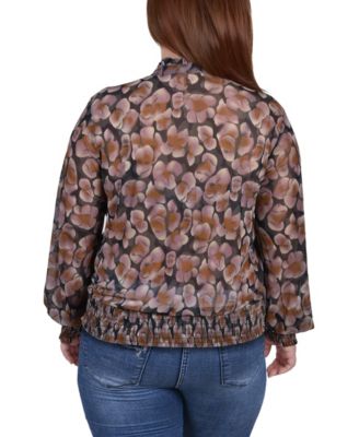 Plus Size Long Sleeve Tie Front Mesh Blouse