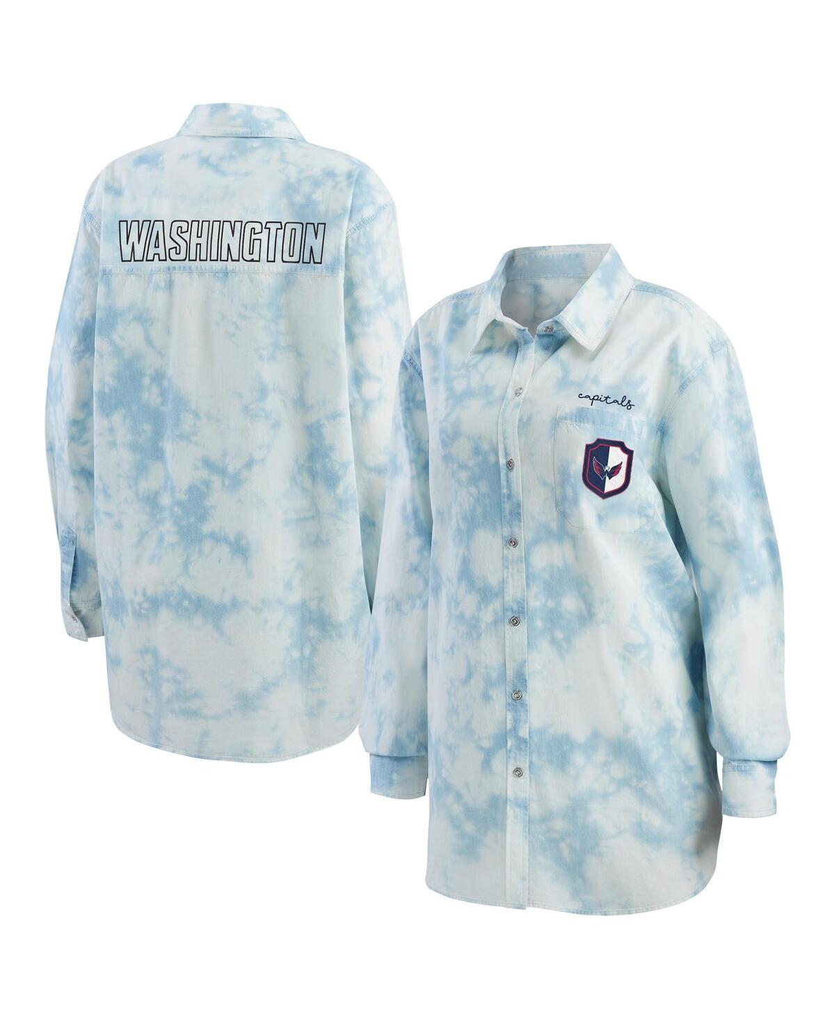 Shop Wear By Erin Andrews Women's  White Washington Capitals Oversized Tie-dye Button-up Denim Shirt