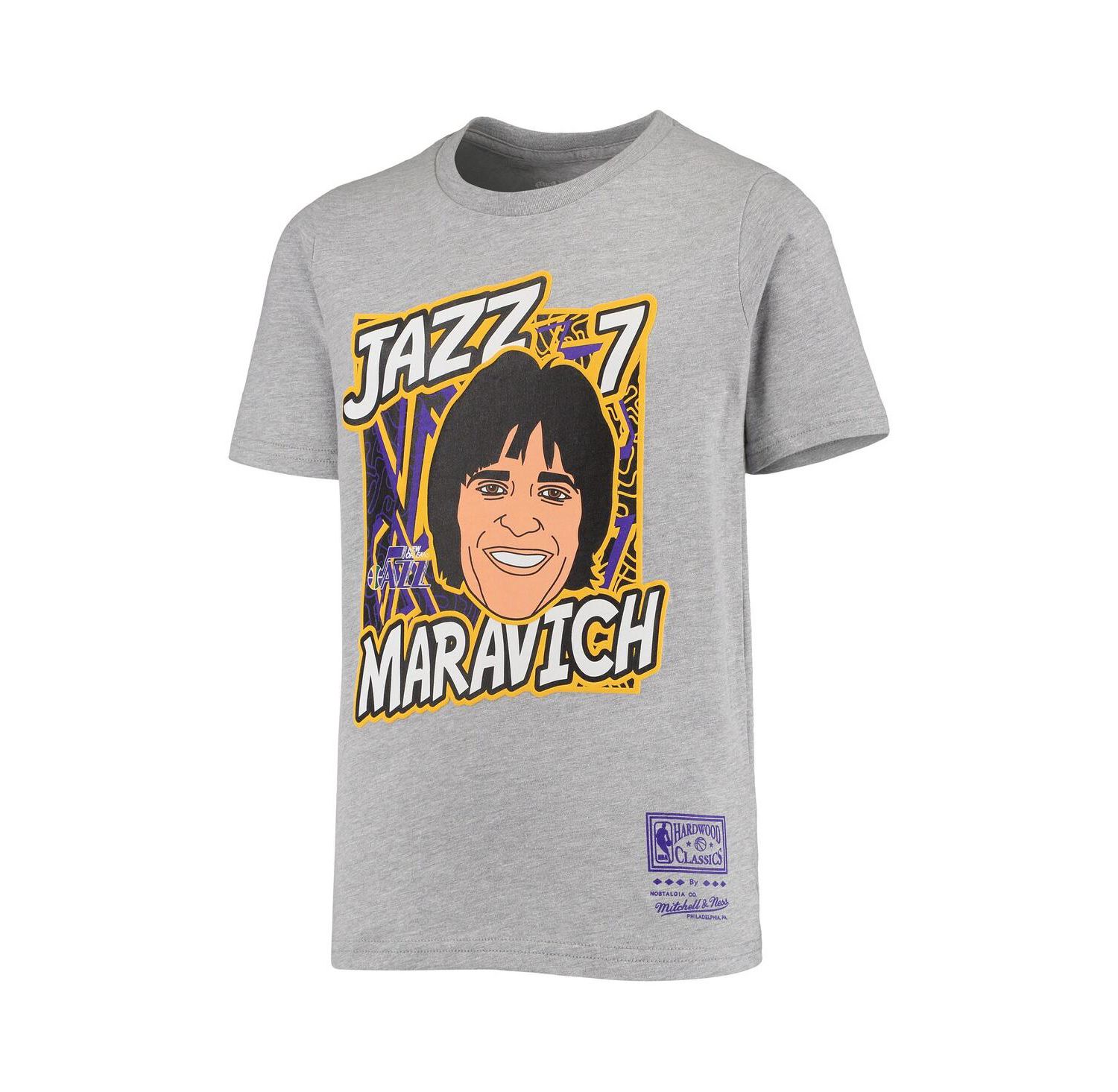 Big Boys Pete Maravich Heathered Gray New Orleans Jazz Hardwood Classics King of the Court Player T-shirt