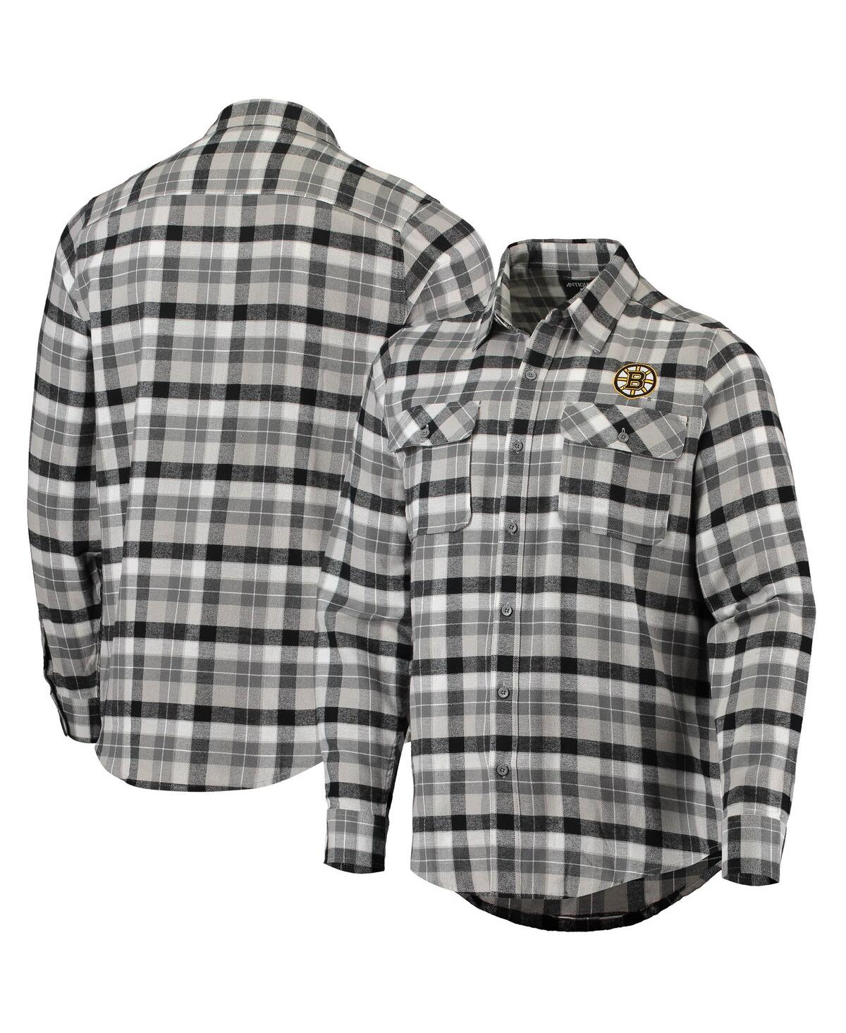 Antigua Men's  Black And Gray Boston Bruins Ease Plaid Button-up Long Sleeve Shirt In Black,gray