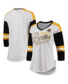 Women's White and Heathered Black Boston Bruins Shutout Tri-Blend V-Neck Three-Quarter Sleeve T-shirt