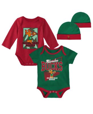 Infant Boys and Girls Hunter Green, Red Milwaukee Bucks Hardwood Classics Bodysuits and Cuffed Knit Hat Set