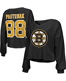 Women's Threads David Pastrnak Black Boston Bruins Off Shoulder Name and Number V-Neck Cropped T-shirt
