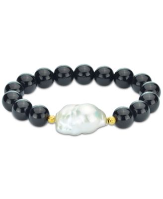 Macy's - Onyx & Cultured Freshwater Baroque Pearl (14-15mm) Bracelet in 14k Gold