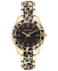Women's Gold-Tone Titanium Alloy with Leopard Print Enamel Link Bracelet Watch, 37.5mm
