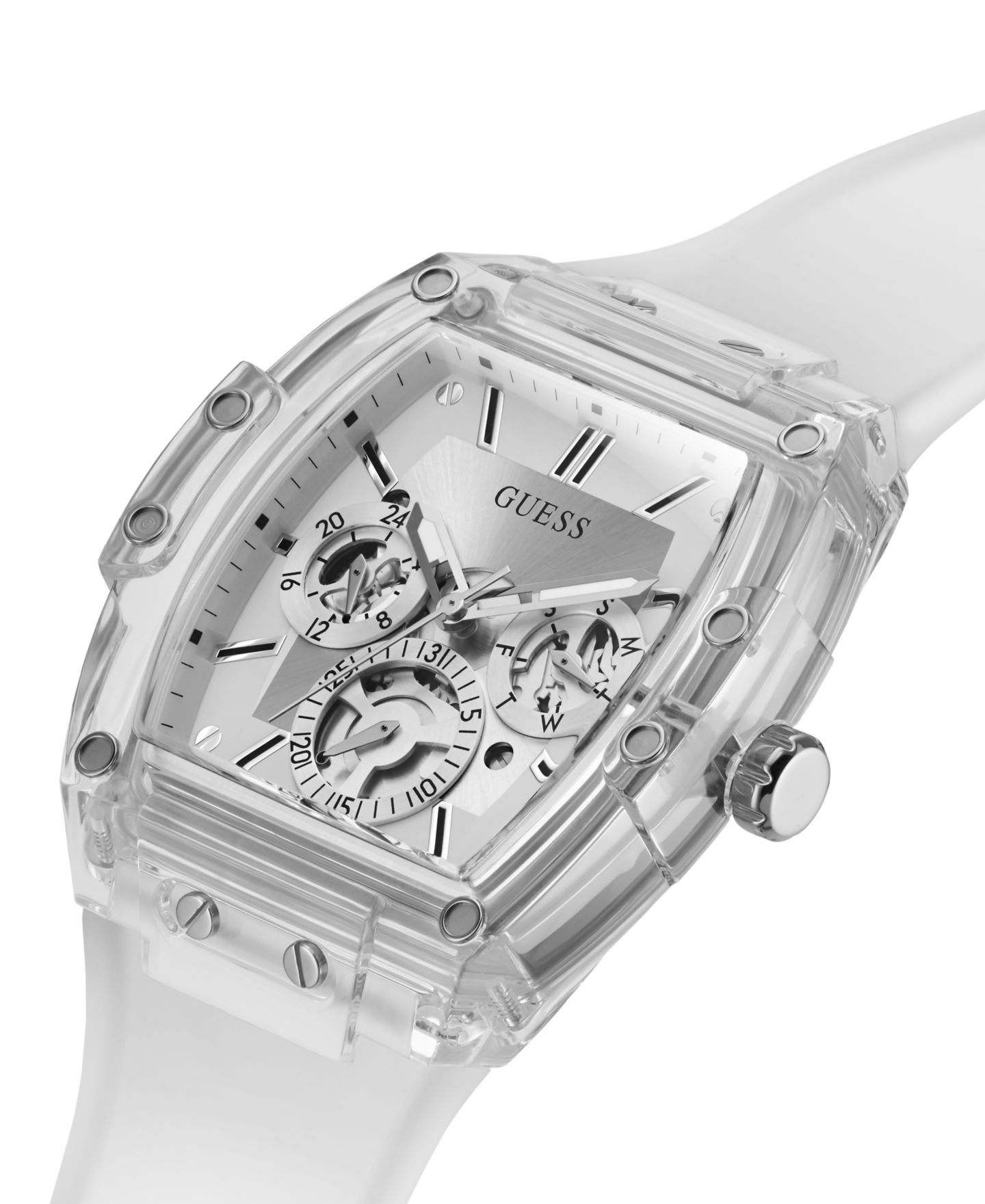 Мужские часы GUESS Multi-Function Transparent and Silver-Tone Silicone Strap Watch 43mm — фото 4