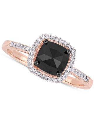 Macy's - Black Diamond (7/8 ct. t.w.) & White Diamond (1/10 ct. t.w.) Cushion Halo Engagement Ring in 14k Rose Gold