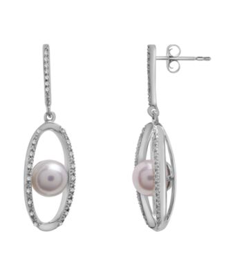 Cultured Freshwater Pearl (7mm) & Diamond (1/10 ct. tw.) Oval Earrings ...