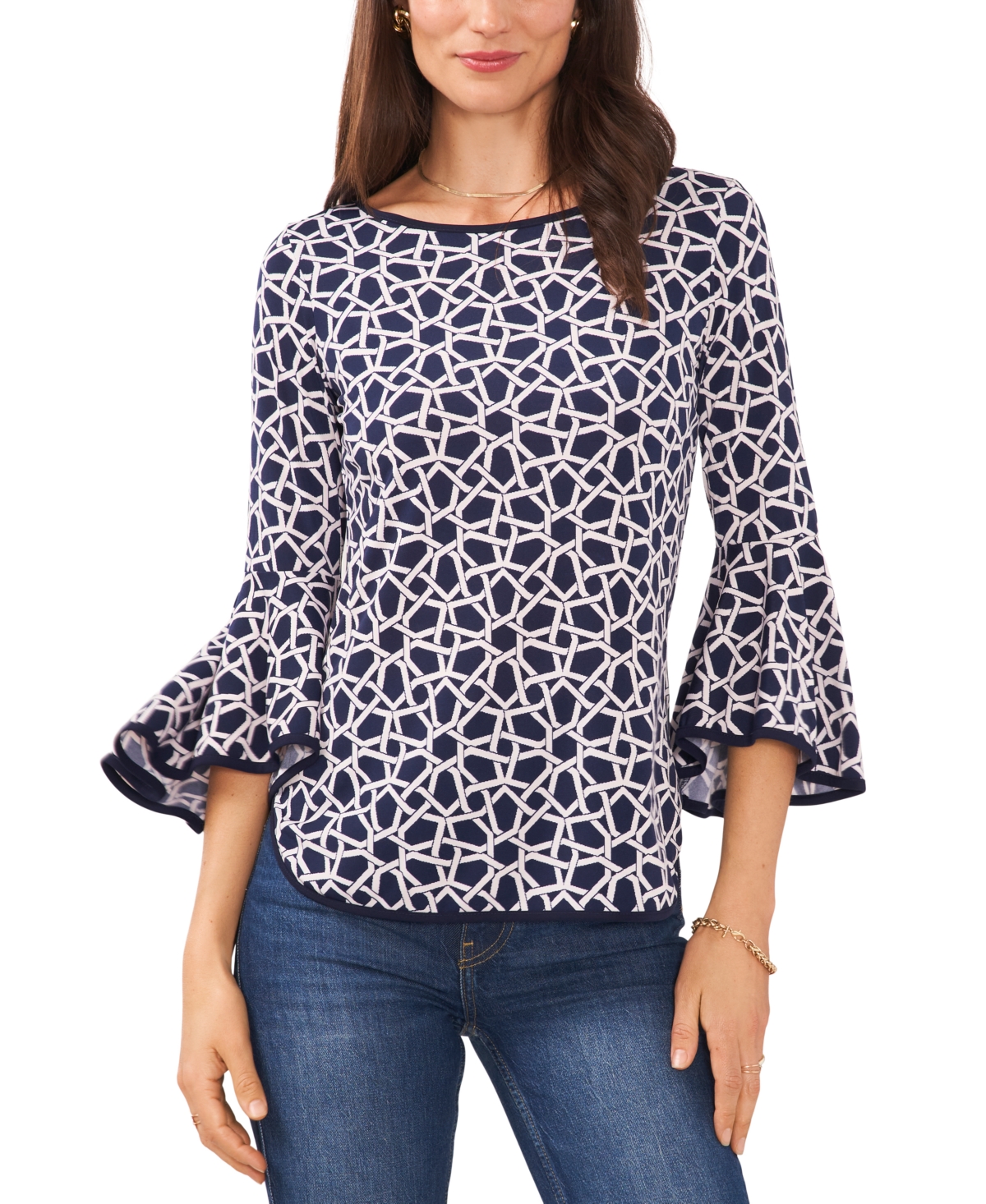 Petite Floral-Print Bell-Sleeve Piped Top - Navy/ Ivory