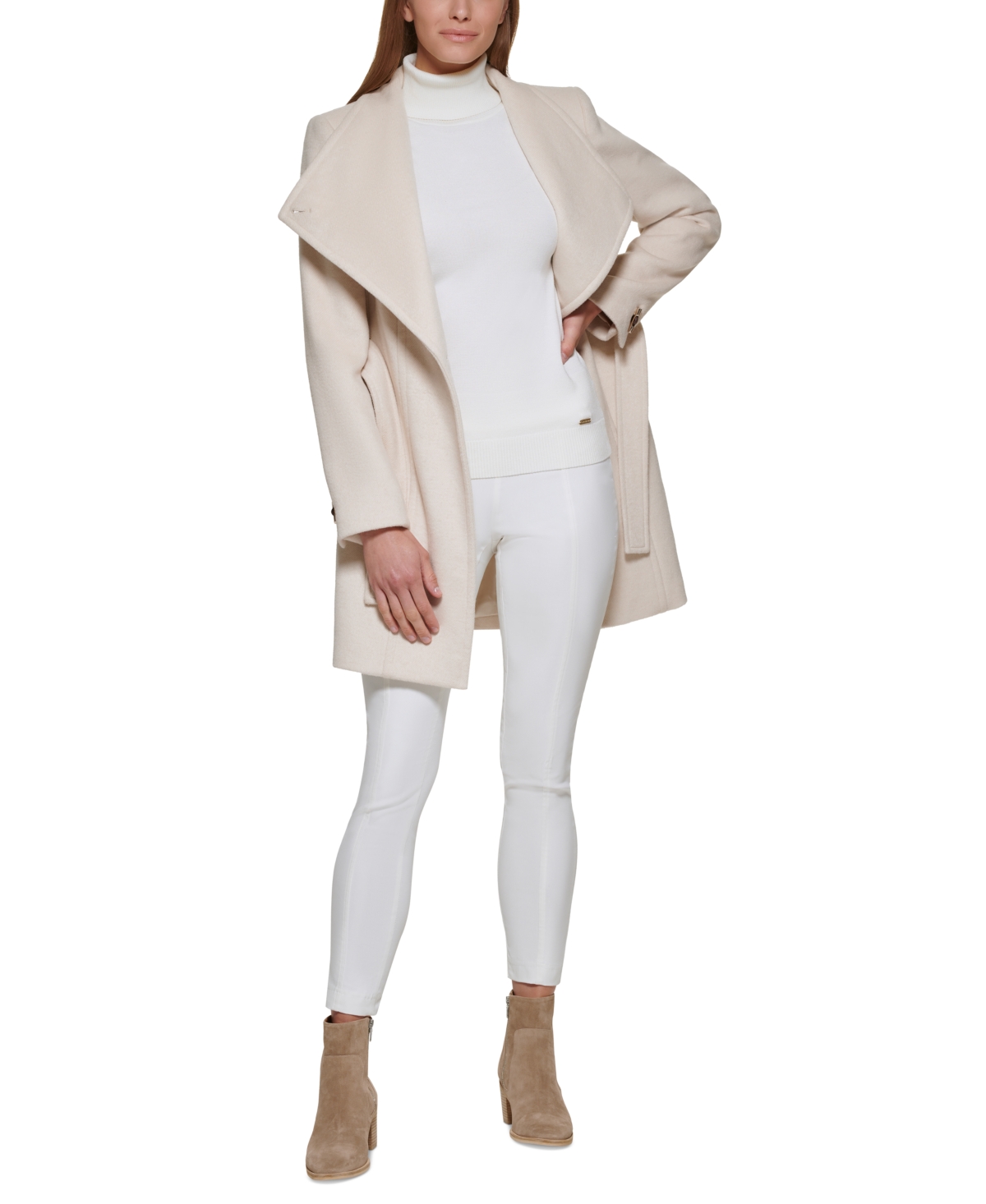 Calvin Klein Womens Asymmetrical Belted Wrap Coat, Created For Macys In Brown