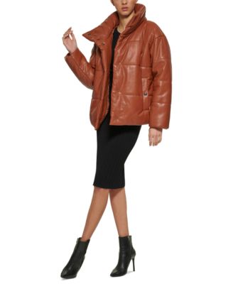 DKNY Women's Faux-Leather Puffer Coat 