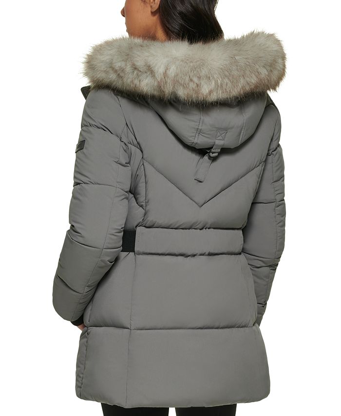 DKNY Women's Faux-Fur-Trim Belted Hooded Puffer Coat & Reviews - Coats ...
