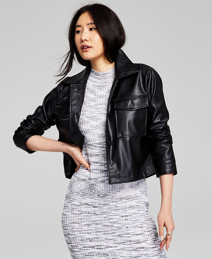 And Now This Women's Cropped Faux Leather Shacket - Macy's