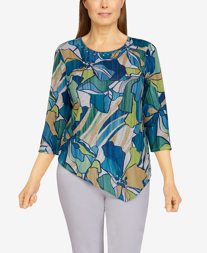 Alfred Dunner Women's Asymmetric Floral Pullover Blouse – Embroidered Crewneck Top - View #5
