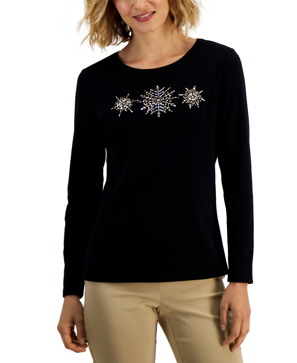 Karen Scott Petite Embellished Snowflake-graphic T-shirt, Created For Macy's In Deep Black Snowflake